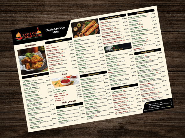 Restaurent Menu Design for Taste of Tamil Nadu